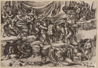 KG 00150
<br/>
Kinderen slepen een hert naar een kookpot
<br/>
<em>Beatrizet, Nicolaus (1515 ? - na 1565)</em>